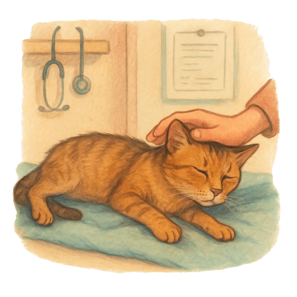 pet owner hands on cat's head thinking
